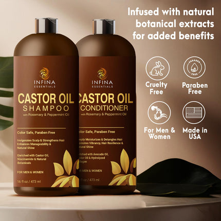 Castor Oil Shampoo and Conditioner Set with Rosemary and Peppermint 16 fl oz
