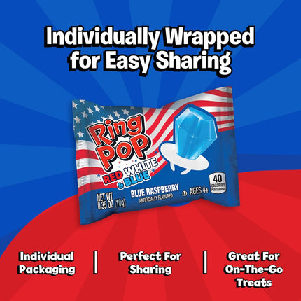 Ring Pop Red White & Blue Cherry & Blue Raspberry Hard Candy Lollipops 10 Count