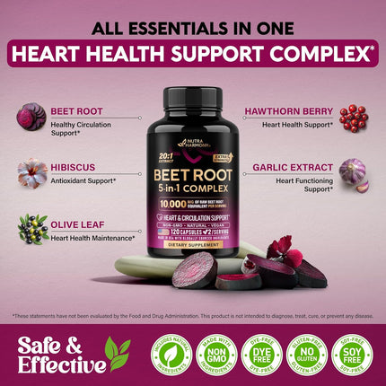 Beet Root 5-in-1 Complex Capsules – Olive Leaf, Hawthorn Berry & Hibiscus, 120 Count