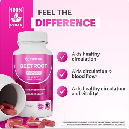 Rosabella Organic Beet Root Supplement 1300 mg 180 Capsules