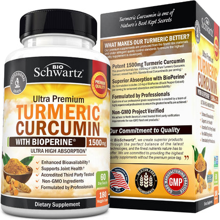 Turmeric Curcumin Supplement with Black Pepper Extract 1500 mg 180 Capsules