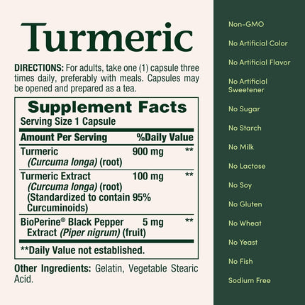 Nature's Bounty Turmeric Supplement with Black Pepper Extract 1000 mg 60 Capsules