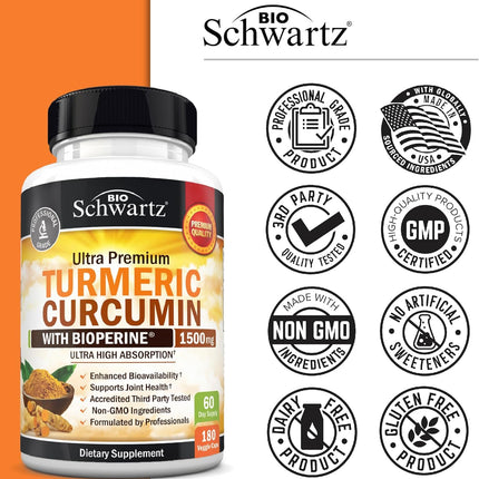 Turmeric Curcumin Supplement with Black Pepper Extract 1500 mg 180 Capsules