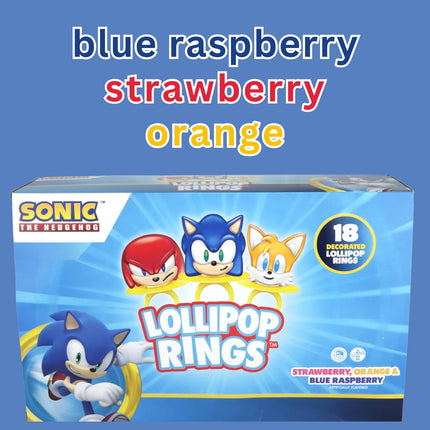 Sonic the Hedgehog Lollipop Rings Strawberry, Orange & Blue Raspberry Flavored Candy 18 Count