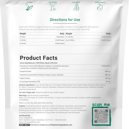 Micro Ingredients Probiotics for Dogs Soft Chews – 6 Billion CFU with Prebiotics, Enzymes & Pumpkin, Duck Flavor, 240 Count