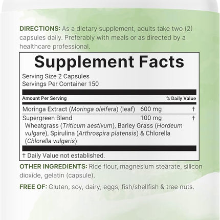 Micro Ingredients Moringa Capsules Supergreens Blend Non-GMO 300 Count