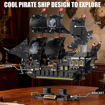 Pirate Ship Building Set with Lights – MOC Black Pearl Blocks for Adults & Teens, Collectible Display, 2288 Pieces, Gift Idea