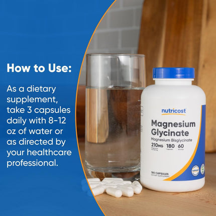 Nutricost Magnesium Glycinate Capsules 210 mg per Serving 180 Count