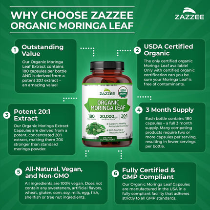 Zazzee Organic Moringa 20:1 Extract (180 Capsules)