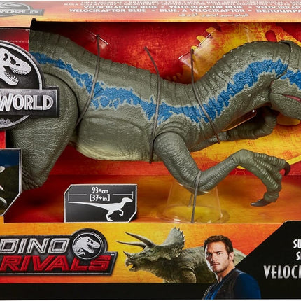 Mattel Jurassic World Super Colossal Velociraptor Blue Figure – 3.5 ft Dinosaur Toy with Eating Feature