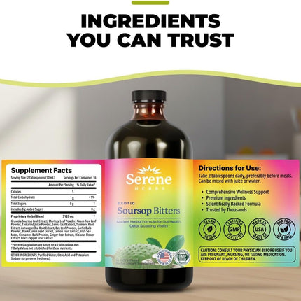 Serene Herbs Soursop Bitters Liquid with Black Seed & Moringa 16 fl oz