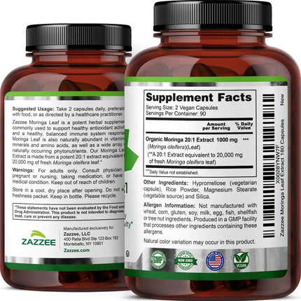 Zazzee Organic Moringa 20:1 Extract (180 Capsules)