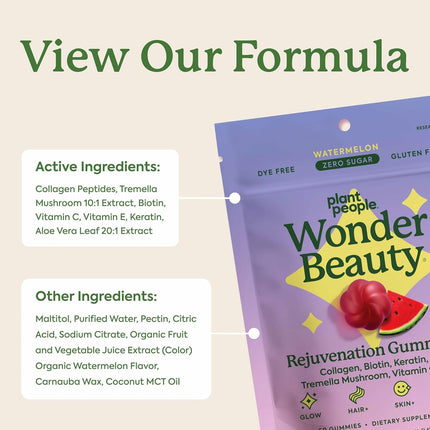 Plant People WonderBeauty Hair Skin & Nails Gummies with Tremella Mushroom, Collagen & Biotin 60 Gummies