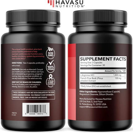 L-Arginine 1800 mg with Pine Bark Extract Supplement 90 Vegan Capsules