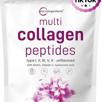Micro Ingredients Multi Collagen Peptides Powder 2 lb – Types I, II, III, V & X with Biotin, Hyaluronic Acid & Vitamin C, Unflavored