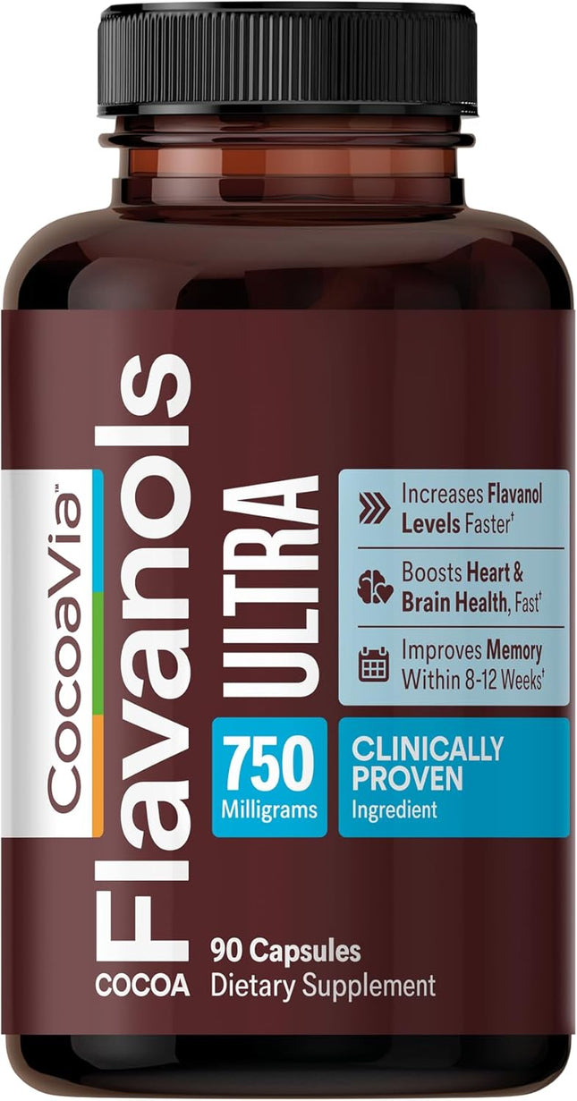 CocoaVia Ultra 750 mg Cocoa Flavanols – Heart & Brain Support, Vegan, Gluten-Free, 30-Day Supply