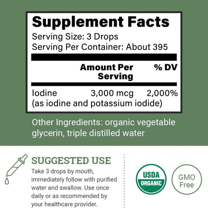 Organic Lugol's Iodine 2% Solution – Iodine & Potassium Iodide Liquid Drops, 2 oz, 395 Servings, Non-GMO