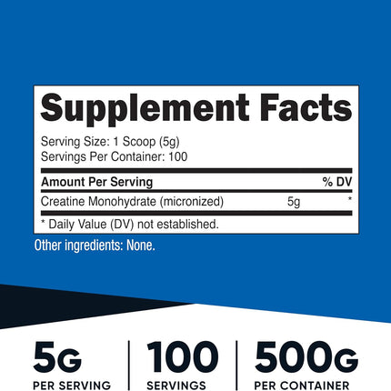 Nutricost Creatine Monohydrate Micronized Powder 500 g – 5 g per Serving, 100 Servings