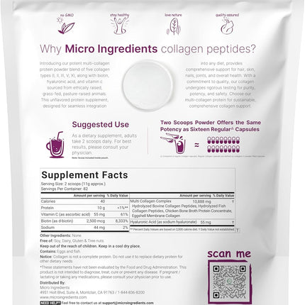 Micro Ingredients Multi Collagen Peptides Powder 2 lb – Types I, II, III, V & X with Biotin, Hyaluronic Acid & Vitamin C, Unflavored