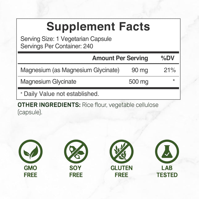 Deal Supplement Magnesium Glycinate 500 mg – 240 Veggie Capsules, Non-GMO, Gluten-Free