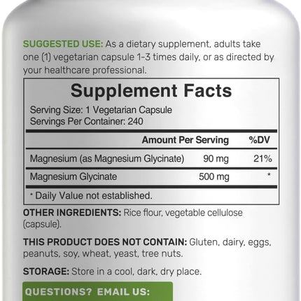 Deal Supplement Magnesium Glycinate 500 mg – 240 Veggie Capsules, Non-GMO, Gluten-Free