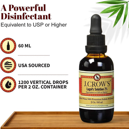 J.CROW'S® Lugol's Iodine 2% Solution – Iodine & Potassium Iodide Liquid Drops, 2 oz (2 Bottles), Gluten & Alcohol-Free