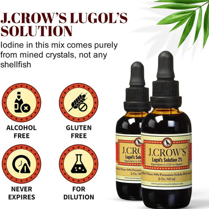 J.CROW'S® Lugol's Iodine 2% Solution – Iodine & Potassium Iodide Liquid Drops, 2 oz (2 Bottles), Gluten & Alcohol-Free