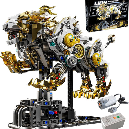 Mechanical Lion Building Block Toy – Futuristic Beast Model with Movable Gears, Motorized, Display Stand, Gift for Boys & Adults