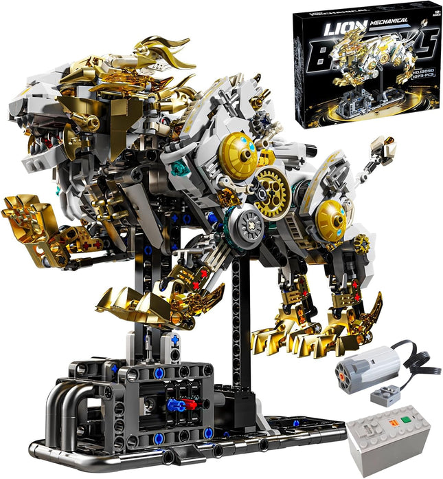 Mechanical Lion Building Block Toy – Futuristic Beast Model with Movable Gears, Motorized, Display Stand, Gift for Boys & Adults