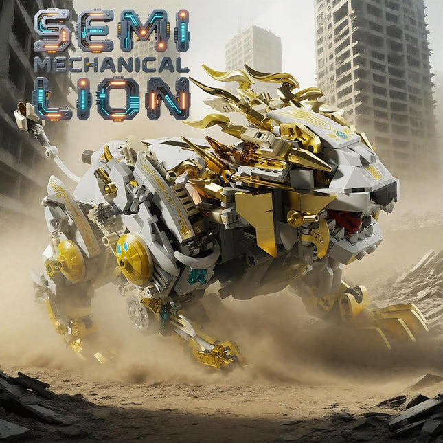 Mechanical Lion Building Block Toy – Futuristic Beast Model with Movable Gears, Motorized, Display Stand, Gift for Boys & Adults