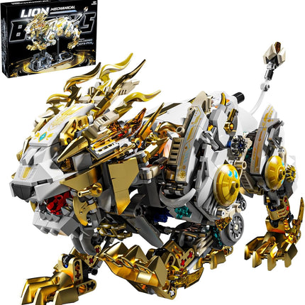Mechanical Lion Building Block Toy – Futuristic Beast Model with Movable Gears, Motorized, Display Stand, Gift for Boys & Adults