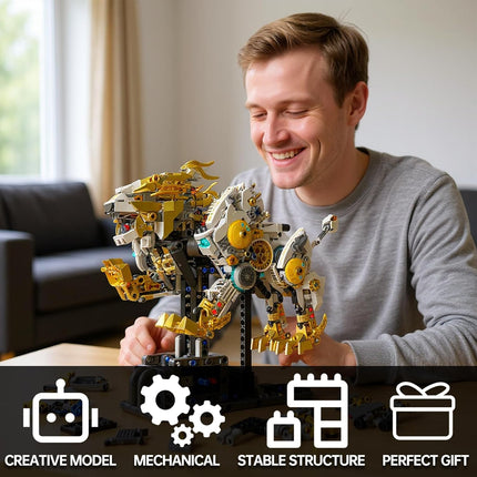Mechanical Lion Building Block Toy – Futuristic Beast Model with Movable Gears, Motorized, Display Stand, Gift for Boys & Adults