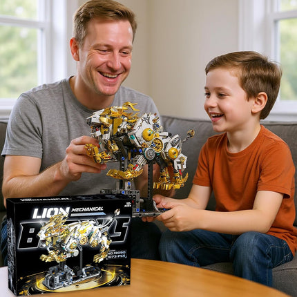 Mechanical Lion Building Block Toy – Futuristic Beast Model with Movable Gears, Motorized, Display Stand, Gift for Boys & Adults