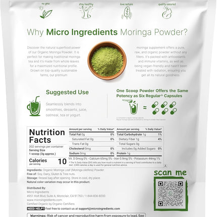Micro Ingredients Organic Moringa Leaf Powder 2 lb – Pure Oleifera Superfood, Antioxidant Rich, Vegan