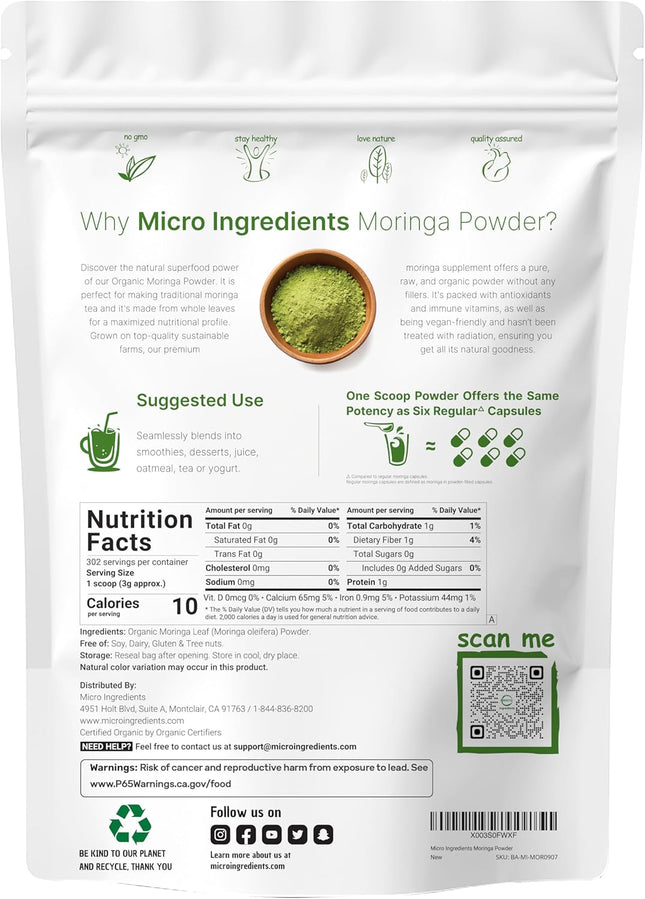 Micro Ingredients Organic Moringa Leaf Powder 2 lb – Pure Oleifera Superfood, Antioxidant Rich, Vegan