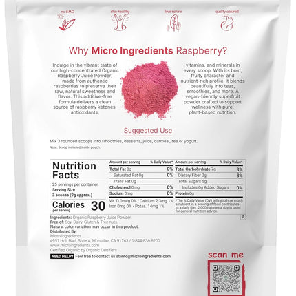 Organic Raspberry Juice Powder 8oz – 100% Natural Freeze-Dried Fruit Powder for Drinks & Smoothies